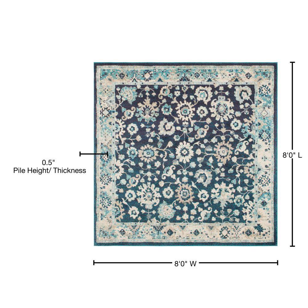 Navy Blue Square Floral Synthetic Easy Care Rug