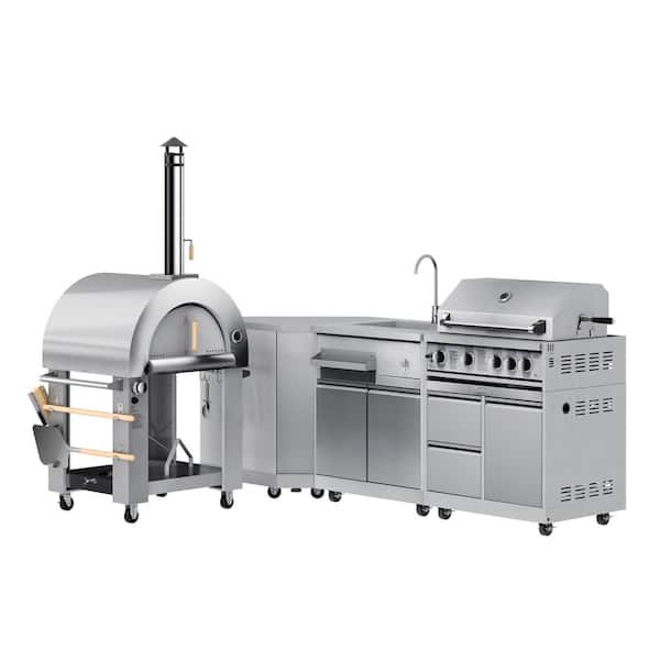 Kitchen Set with a 30 in. BBQ Propane Grill, Dual Fuel Outdoor Pizza Oven, Corner Cabinet, Sink and Cabinet