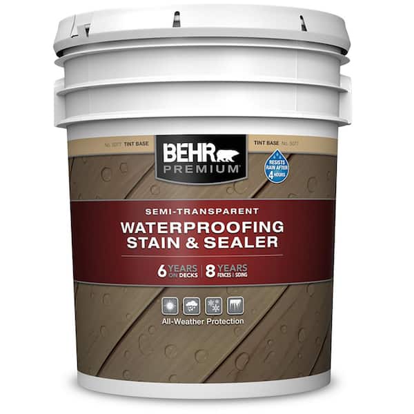 BEHR PREMIUM 5 gal. White Base Semi-Transparent Waterproofing Exterior Wood Stain and Sealer