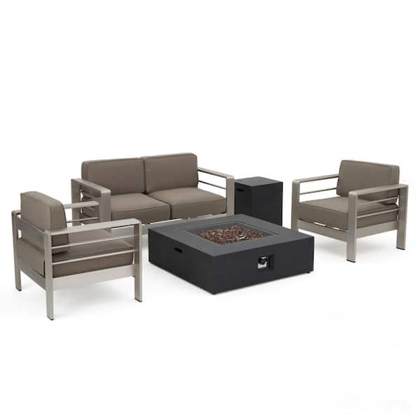 Noble House Cape Coral Khaki 5-Piece Aluminum Patio Fire Pit Conversation Set with Khaki Cushions