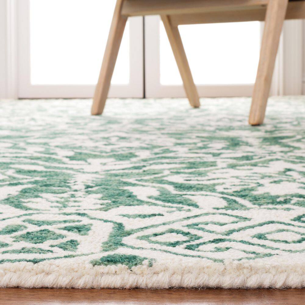 Ivory and Dark Green Wool Tufted Rectangular Area Rug