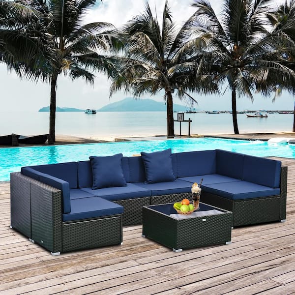 Outsunny Patio Life Dark Brown 7-Pieces Steel Plastic Rattan Patio Conversation Set with Dark Blue Cushions