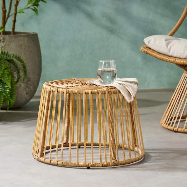 Unbranded Boho Outdoor Round Long-lasting Wicker Finish Side Table for Patios, Backyards, Porches, Gardens, Poolside, Light Brown