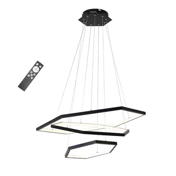UMEILUCE 90-Watt 3-Light Modern Chandeliers Equivalence Integrated LED Black Hexagon Chandelier with Aluminum Dimmer by Remote