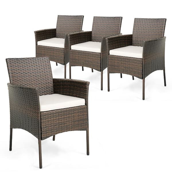 Gymax Patio Dining Chairs (Set of 4) Outdoor PE Wicker Chairs w/Removable Cushions Brown and Off White