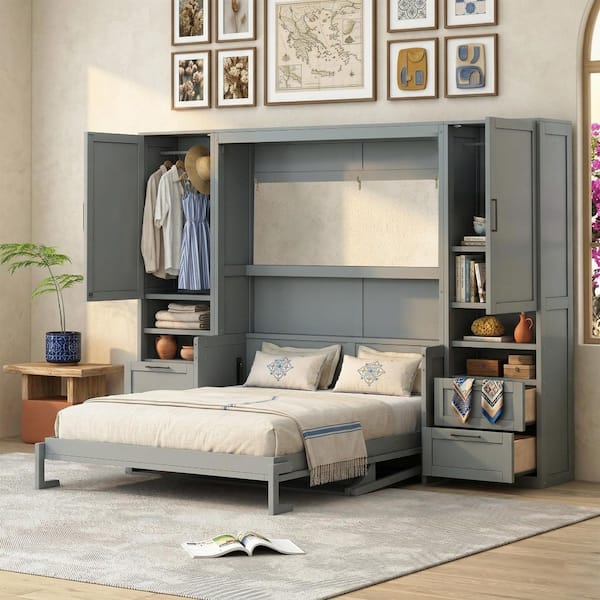Gray Wood Frame Queen Size Murphy Bed with Closet, Drawers and Shelves