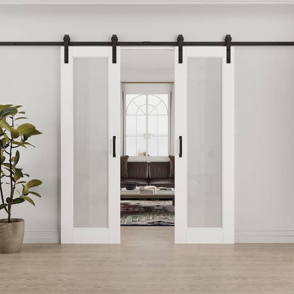 48 in. x 80 in. 1-Lite Tempered Frosted Glass White Primed MDF Composite Sliding Barn Door with Hardware Kit