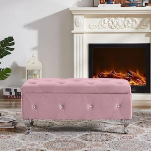 Pink 38.2 in Velvet Upholstered Bedroom Bench Flip Top Storage Ottoman Bench with Button Safety Hinge And Metal Legs
