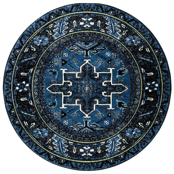 Vintage Hamadan Blue/Gray 3 ft. x 3 ft. Floral Border Round Area Rug
