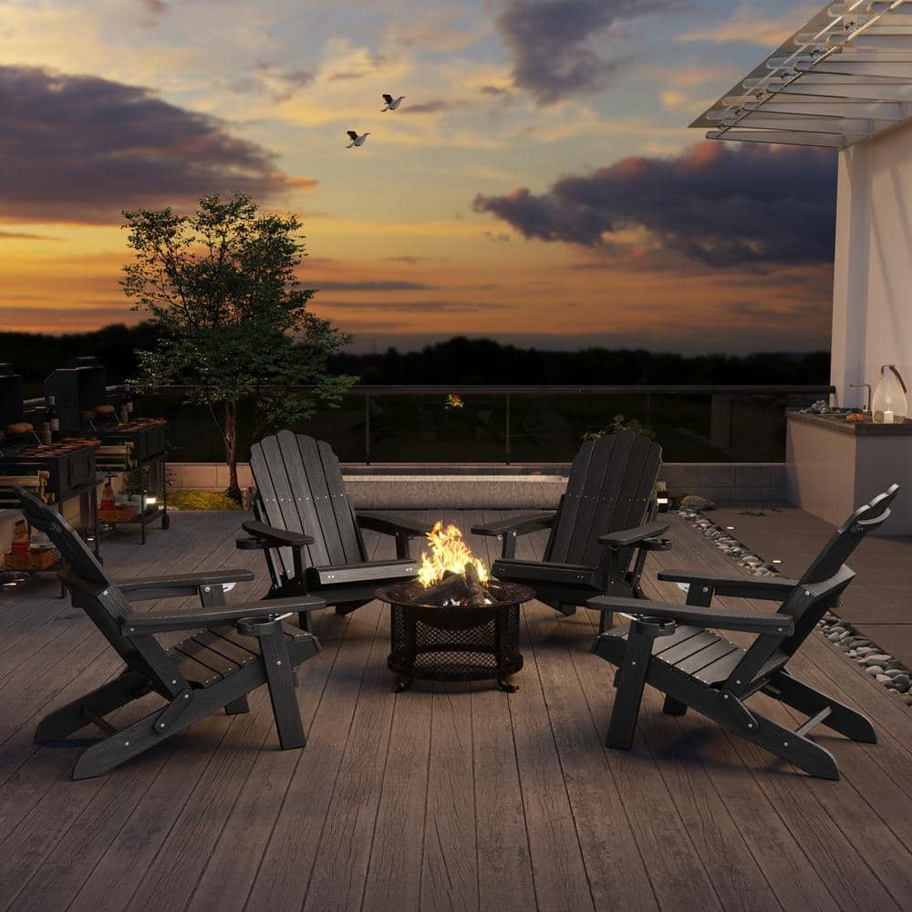 Black Plastic Adirondack Chair with Retractable Ottoman