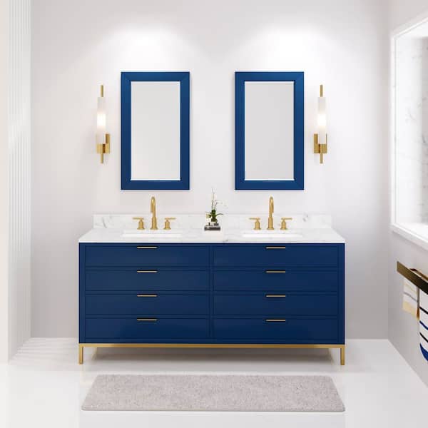 Water Creation Bristol 72 in. W x 21.5 in. D Vanity in Monarch Blue with Marble Top in White with White Basin and Grooseneck Faucet