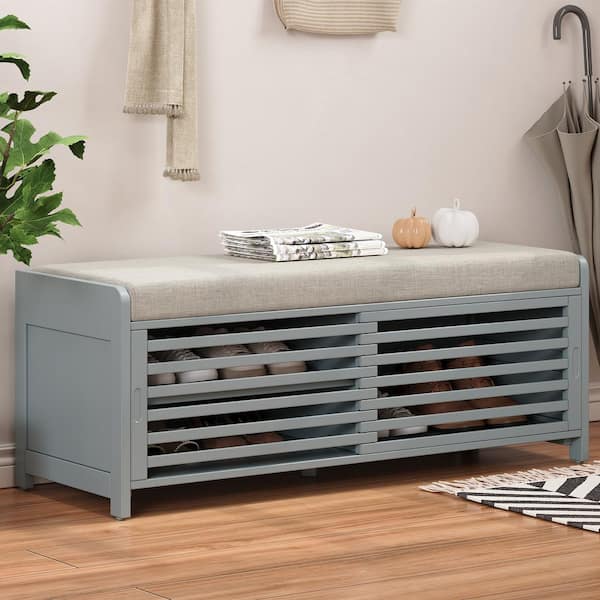 Harper & Bright Designs Gray Acacia Veneer Living Room Storage Bench with Seat Cushion, 2 Shutter Doors and 3 Shelves 43.3 in.
