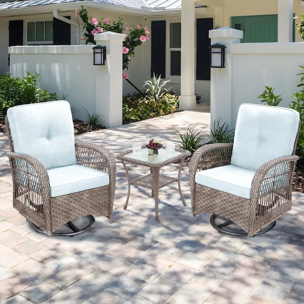 Gardenbee 3-Piece Wicker Outdoor Rocking Chair Patio Conversation Set Swivel Chairs with Baby Blue Cushions and Side Table