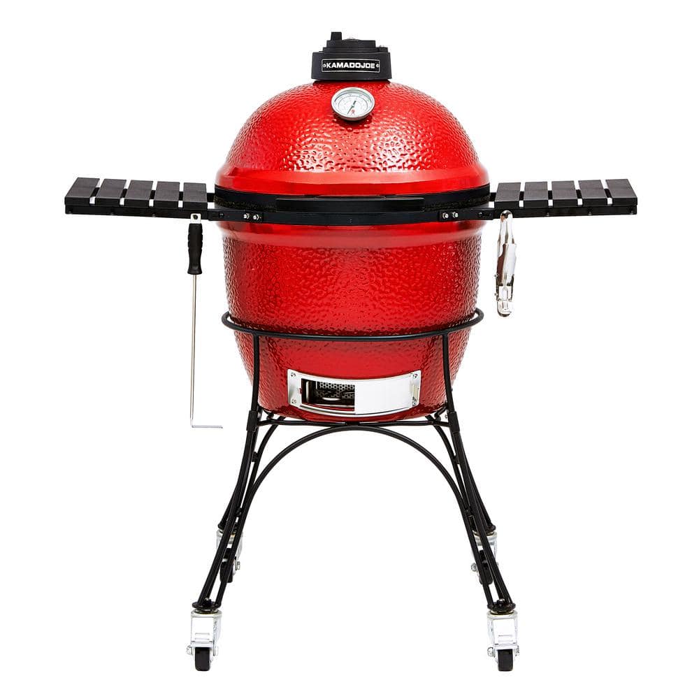 22 in. Kamado XD402 Ceramic Charcoal Grill in Metallic Grey with Cover,  Storage Cart, Shelves, Lava Stone, Ash Drawer