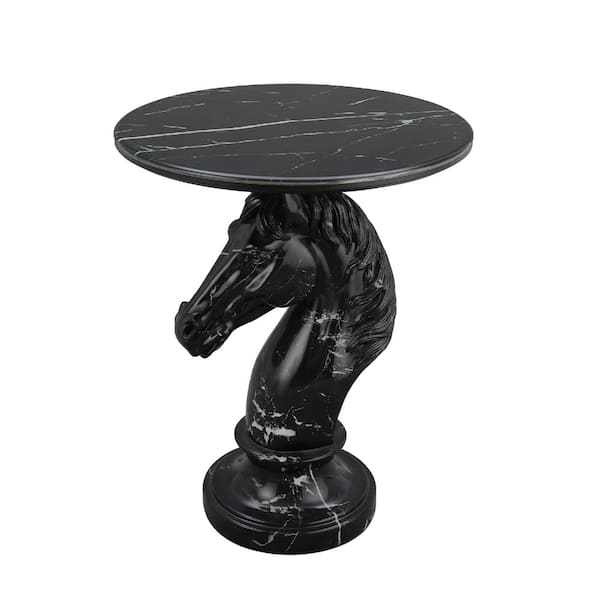 Horse Head 11 in. Accent Table Black Resin Animal Statue End Table with Faux Marble Top