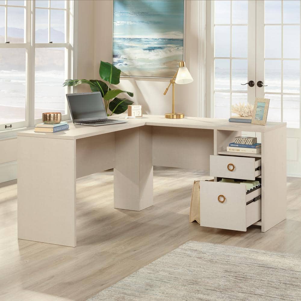 White Wood L-Shaped Corner Desk with Drawer and Filing Cabinet