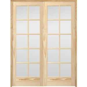 48 in. x 80 in. 10-Lite French Unfinished Pine Solid Core Wood Double Prehung Interior Door with Bronze Hinges