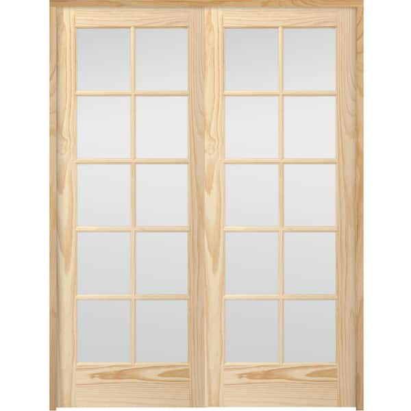 Steves & Sons 60 in. x 80 in. 10-Lite French Unfinished Pine Solid Core Wood Double Prehung Interior Door with Bronze Hinges