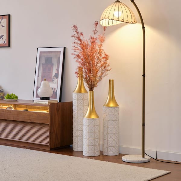 Unbranded Gorgeous Large Glazed 34 in. White Gold Floor Metal Vases Wedding Centerpiece Vases Set of 3, for Home Office Proch
