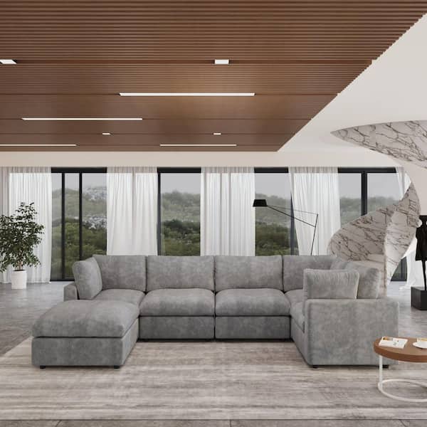 134 in. Square Arm Chenille 6-Piece Modular Free Combination Convertible Sectional Sofa with Movable Covers in Gray