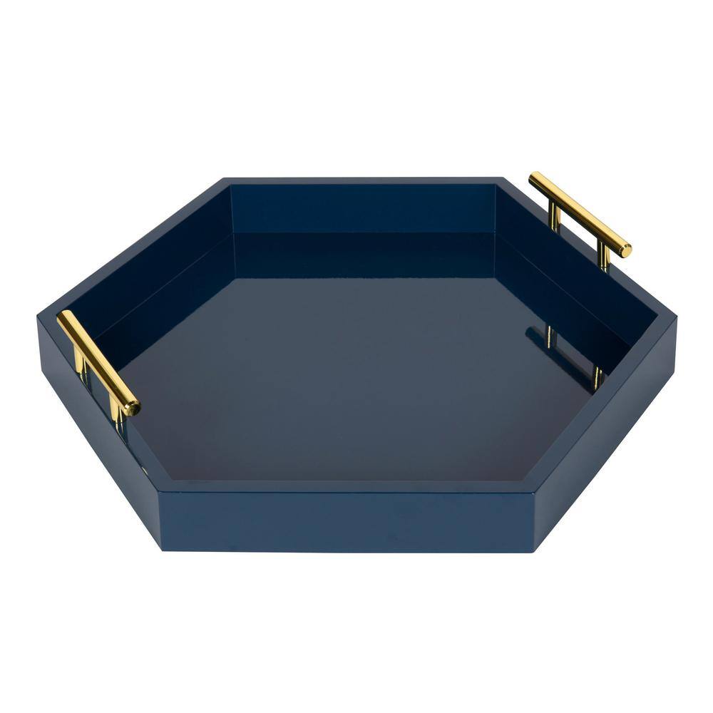 Navy Blue Rectangular Wood Accent Tray with Metal Handles