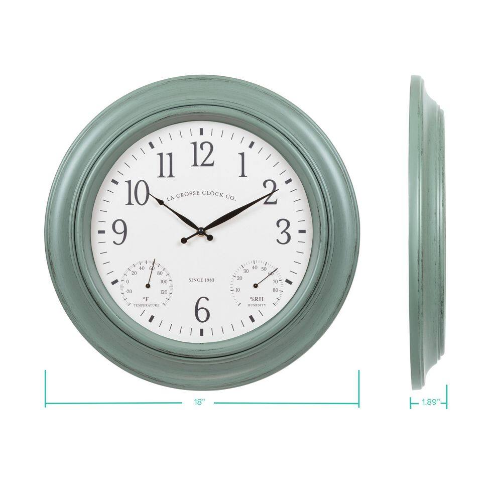 18" Sage Green Analog Quartz Wall Clock with Temperature & Humidity Gauges