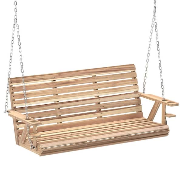 Outsunny Wooden Porch Swing 3-Seater, 5 ft. Outdoor Patio Swing Bench with Cupholders, Nature Wood