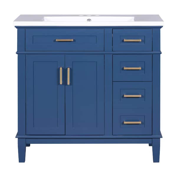 Aoibox 36 in. W x 18 in. D x 35 in. H Single Sink Freestanding Bath Vanity in Blue with White Resin Top