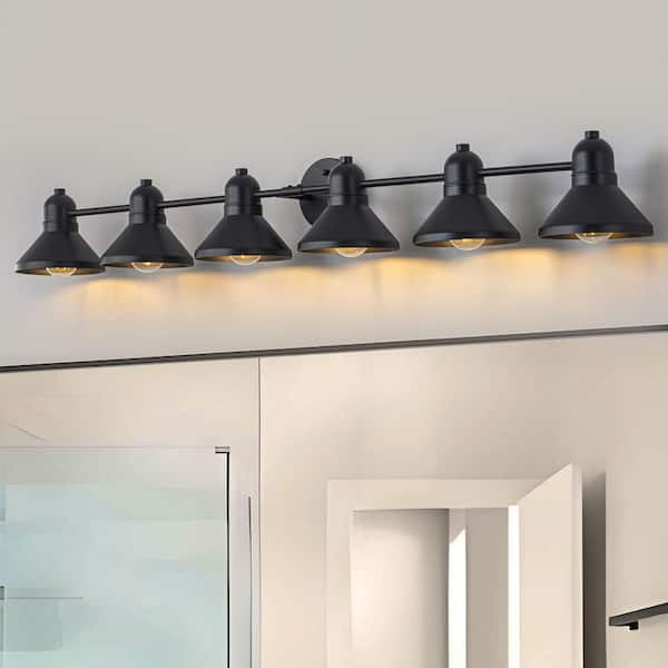 49 in. 6-Light Powder-Coated Black Vanity Light Fixture with Metal Cone Shade