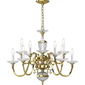 10-Lights Polished Solid Brass Candelabra Chandelier with Clear Crystal Glass