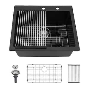 25 in. Drop-in Single Bowl Black Quartz Kitchen Sink with Bottom Grid, Baskets Strainers Assembly, Drying Roll-up Rack