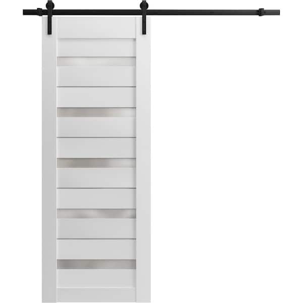 Sartodoors 32 in. x 80 in. 1 Panel Frosted Glass White Solid MDF Sliding Barn Door with Hardware Kit