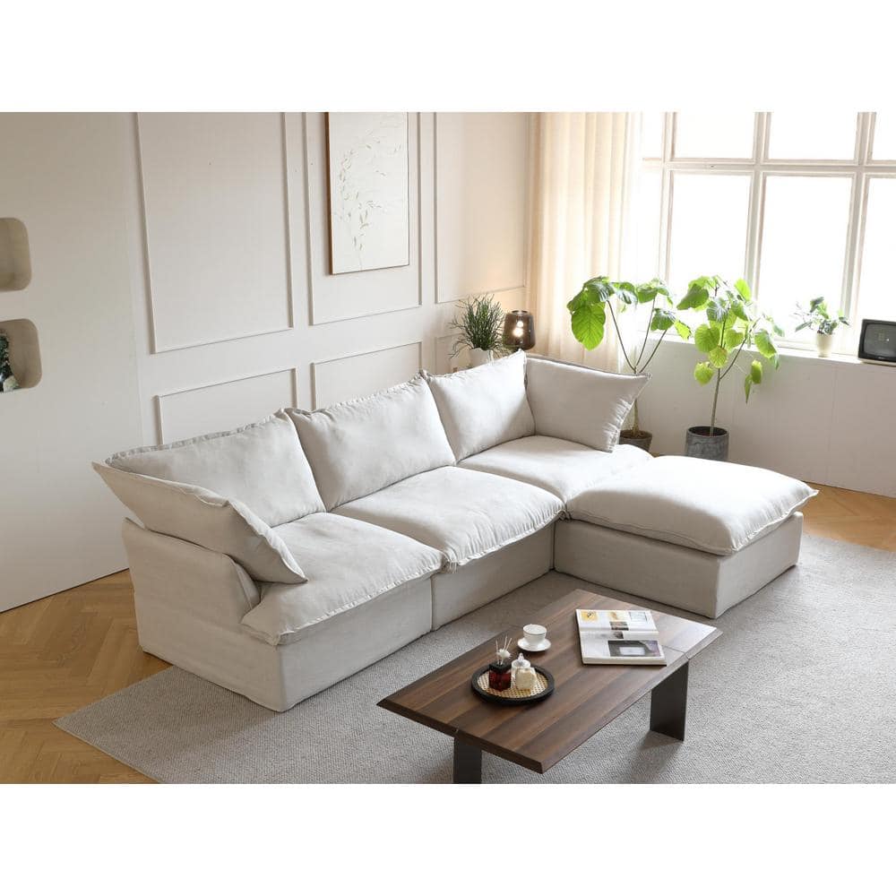 122.82 in. W 4-Piece Flared Arm Modular Velvet Modern Sectional Sofa in Beige L Shaped