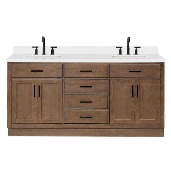 Hepburn 73 in. Double Sink Freestanding in Brown Oak Bath Vanity with Pure White Quartz Top