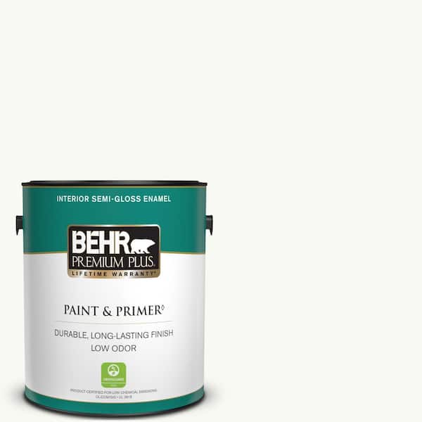 BEHR PREMIUM PLUS 1 gal. #PR-W15 Ultra Pure White Semi-Gloss Enamel Low Odor Interior Paint & Primer