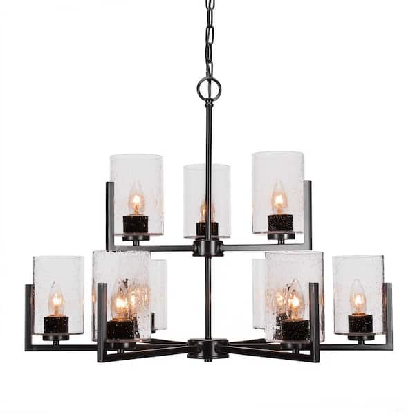 Unbranded Cottonwood 9-Light Matte Black Chandelier, Round Chandelier with 4 in. Clear Bubble Glass Shades, No bulbs included
