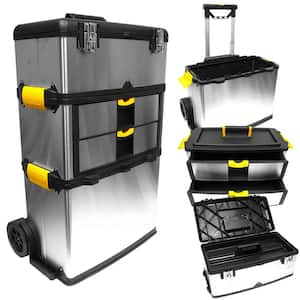 22.25 in. W 3-Drawer Stainless Steel Portable Rolling Tool Box - Upright Chest with Extending Handle