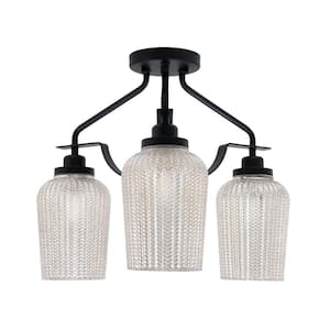 Zara 15.5 in. 3-Light Matte Black Semi-Flush with 5 in. Silver Textured Glass Shades No Bulbs Included