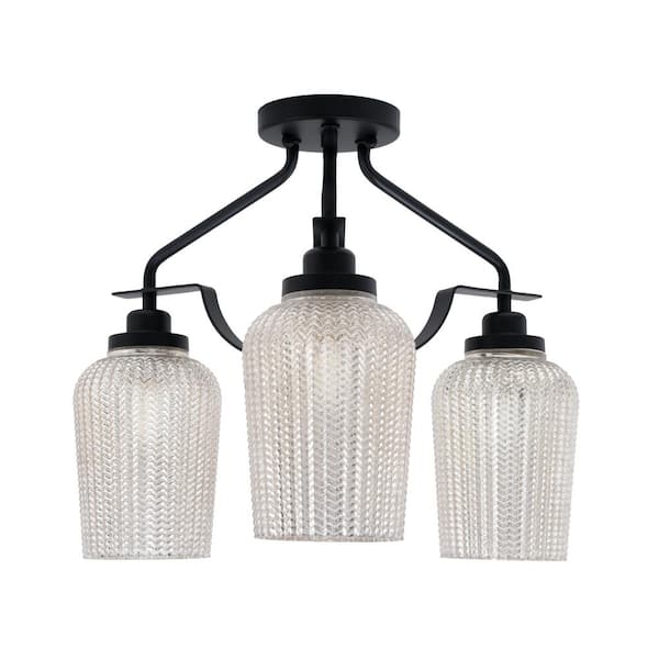 Unbranded Zara 15.5 in. 3-Light Matte Black Semi-Flush with 5 in. Silver Textured Glass Shades No Bulbs Included