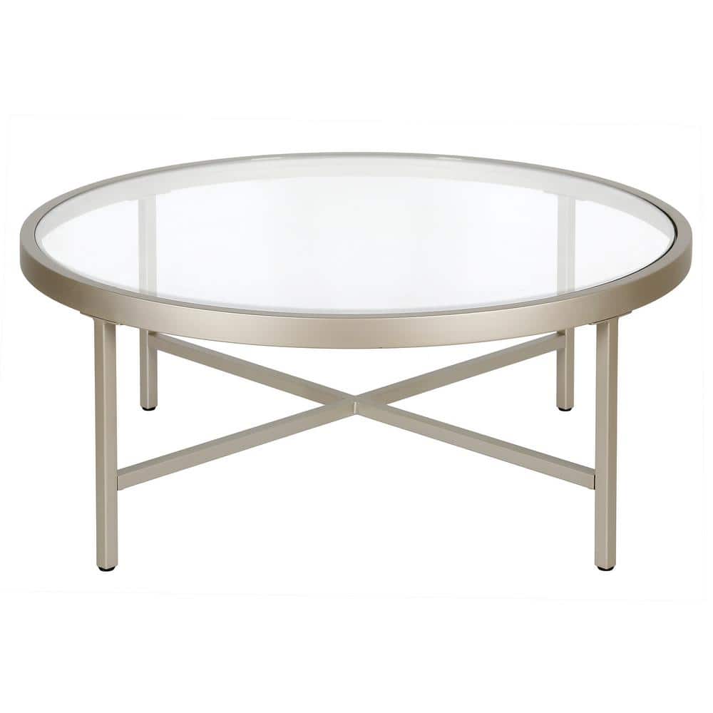 36" Round Satin Nickel Coffee Table with Glass Top