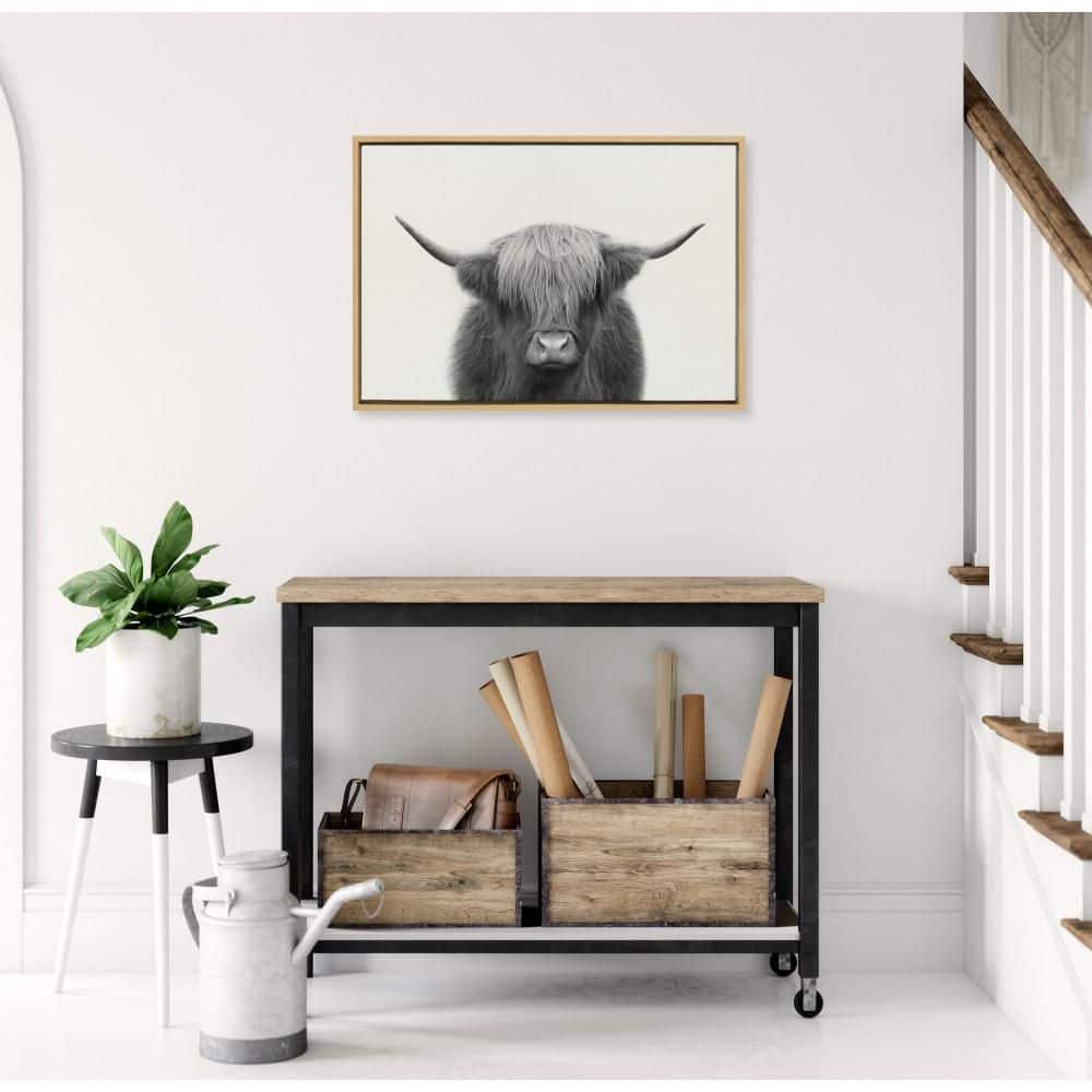 Large Black and White Highland Cow Canvas Print with Natural Frame