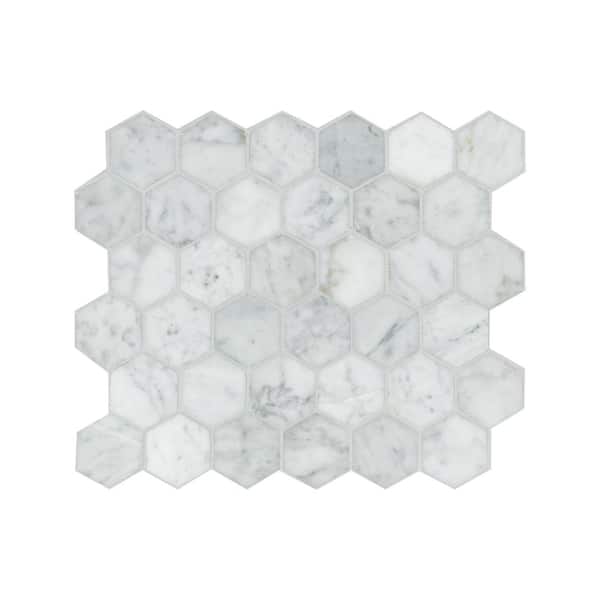 Carrara White 2 in. Hexagon 12 in. x 12 in. x 0.31 in. Honed Marble Mesh-Mounted Mosaic Tile (9.8 sq. ft./case)