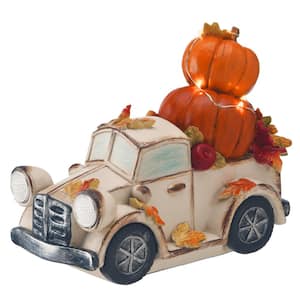7 in. White Truck with Pumpkins with 8 LED Lights