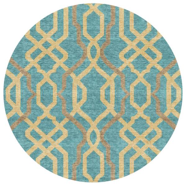 Chantille Machine Washable Indoor/Outdoor Abstract ACN2970 Teal 8 ft. x 8 ft. Round Rug