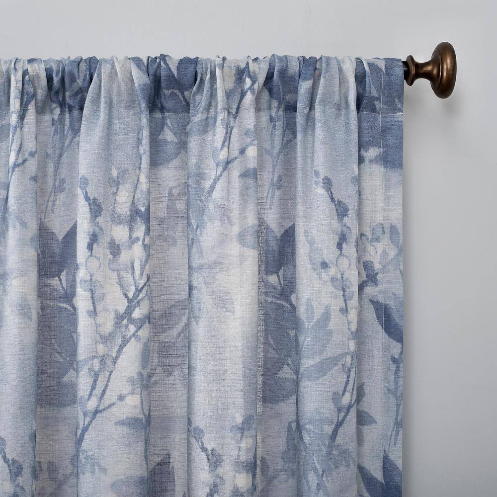 Blue Watercolor Floral Linen Blend Sheer Rod Pocket Curtain Panel