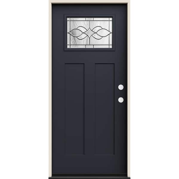 36 in. x 80 in. Left-Hand 1/4 Lite Craftsman Carillon Decorative Glass Black Fiberglass Prehung Front Door