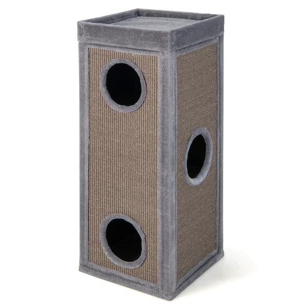 ANGELES HOME 39 in Tall Cat Condo with Scratching Posts and 3 Hideaways and 4 Soft Plush Cushions-Grey