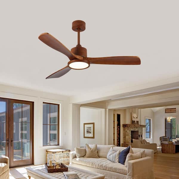 52 in. Smart Indoor Brown App Remote Control Solid Wood Brown Blade Ceiling Fan with LED Dimmable Light and 2 Downrods