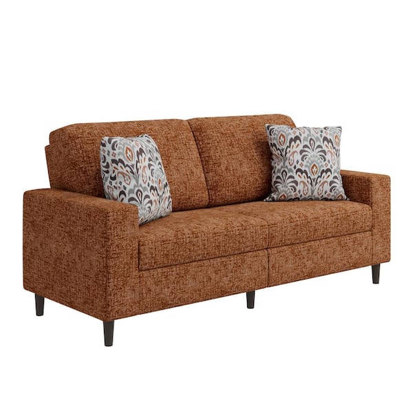 Handy Living Copeland 77.5 in. Square Arm Fabric Rectangle Modern Sofa in. Textured Terra Cotta Red Chenille with 2 Throw Pillows