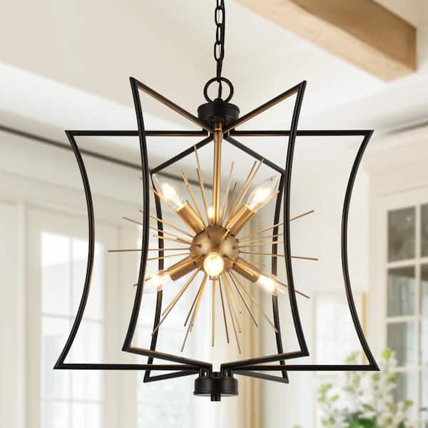 20.5 in. 6-Light Black Kitchen Island Pendant Light, Modern Dining Room Cage Chandelier, Dark Gold Sputnik Chandelier